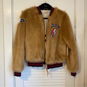 MOTHER The Letterman Patch Faux Fur Bomber Jacket